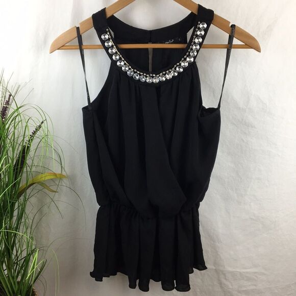 Papaya black Rhinestone Trim Embellished Sleeveless Top M - Picture 2 of 11
